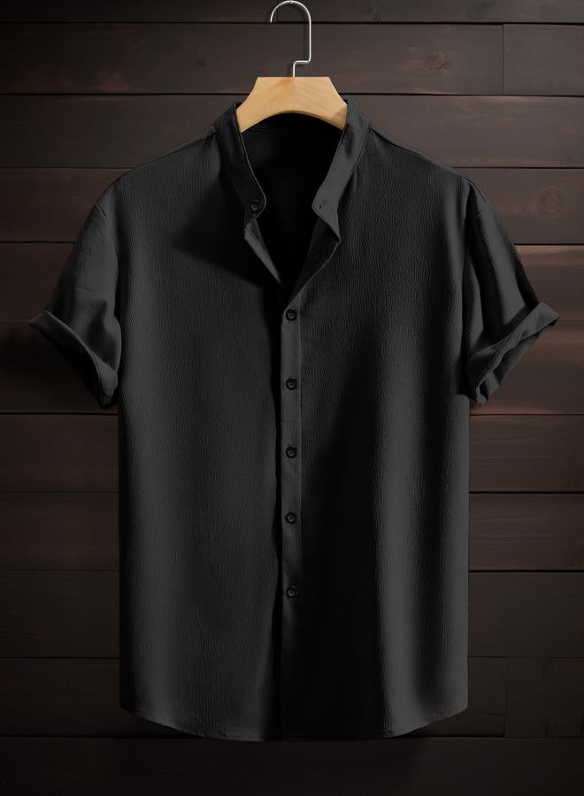 Take Two Men Black Textured Mandarin Collar Shirt - Image 1